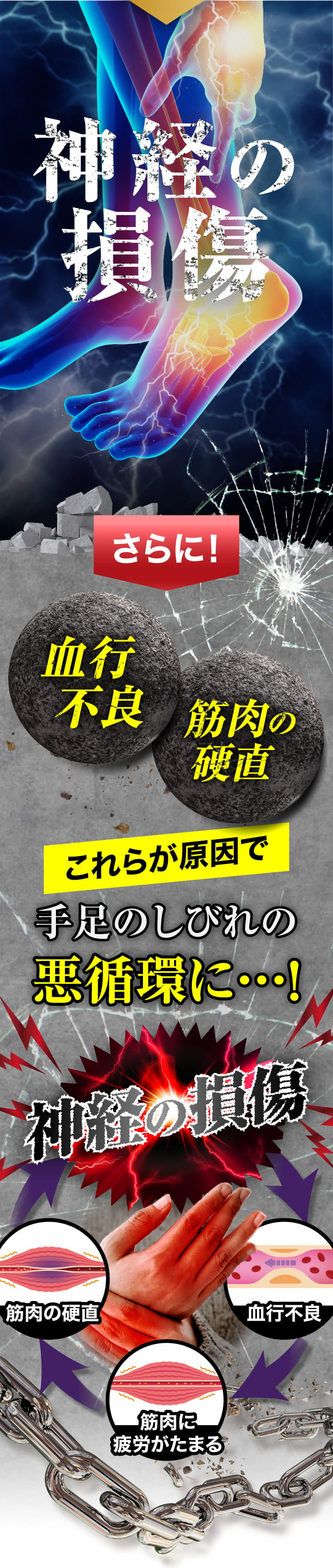 そのお悩みの商材は神経の損傷。さらに血行不良や筋肉の硬直で手足の痺れの悪循環に。